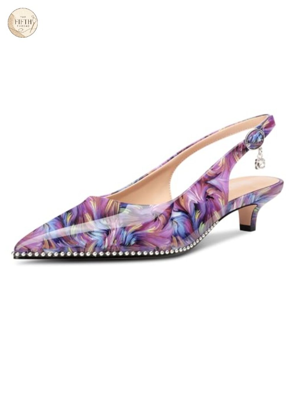 Womens Kitten Heel Slingback Pumps Pointed Toe Patent Leather Beaded Buckle